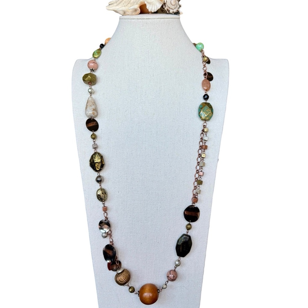 Nakamol Artisan Mixed Stone Long Necklace Boho Earth Tone Statement